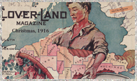 A cover of a magazine depicting a giant man holding a cornucopia shaped upper peninsula in his arms