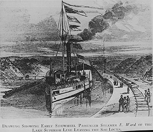 A drawing of a boat on the Soo Locks